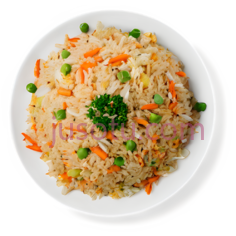 炒饭,家常菜,白色盘子, 米黄色米饭, 绿色豌豆, 橙色胡萝卜PNG