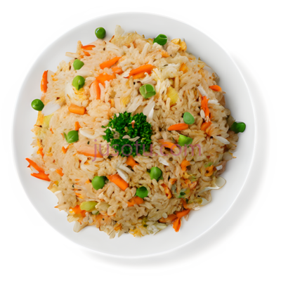 炒饭,家常菜,白色盘子, 米黄色米饭, 绿色豌豆, 橙色胡萝卜, PNG