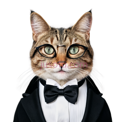 猫,穿着黑色燕尾服,蝴蝶结领结,棕色,黑色,白色, PNG