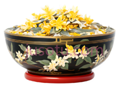 花瓶,传统花卉图案,黑色底色,黄色,白色花朵PNG