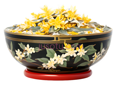 花瓶,传统花卉图案,黑色底色,黄色,白色花朵, PNG