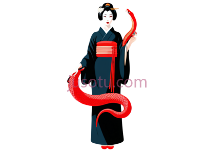 艺伎,红蛇,黑色和服, PNG