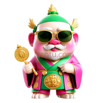 财神爷,卡通,绿色,粉色,金色, PNG