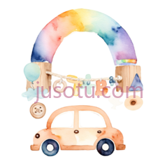 彩虹,玩具车,玩具飞机,玩具球,水彩画,卡通,黄色PNG