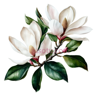 木兰花,水彩画,白色,绿色, PNG