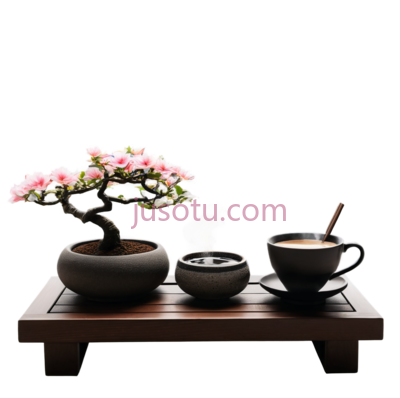 盆栽, 茶杯, 茶壶,黑色背景, 粉色花朵, PNG