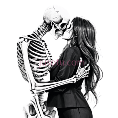 骷髅,长发女性,插画,黑白, PNG