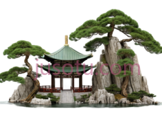 盆景,中式园林,绿色树木, 灰色岩石, 白色建筑PNG