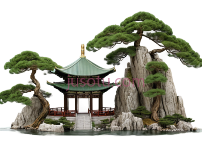 盆景,中式园林,绿色树木, 灰色岩石, 白色建筑, PNG