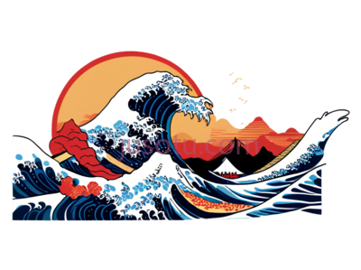 海浪,浮世绘,蓝色,白色,红色,橙色, PNG