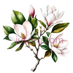 木兰花,水彩画,白色,绿色PNG