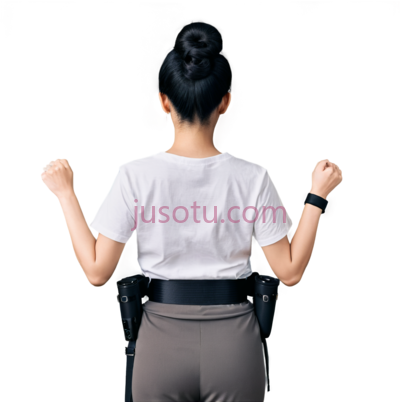 女性,T恤,盘发,黑色腰带,双手背后, PNG