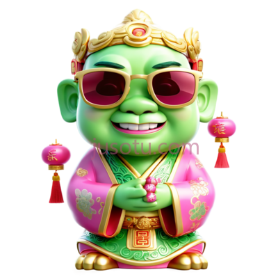 财神,卡通,绿色, 粉色, 金色, PNG