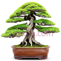 盆景树,茂盛,绿叶,扭曲,枝干,树干,棕色,陶瓷盆PNG