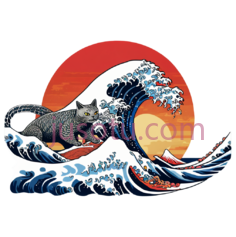 海浪,太阳,猫,日本浮世绘,红色,白色,蓝色PNG