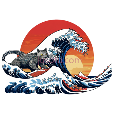 海浪,太阳,猫,日本浮世绘,红色,白色,蓝色, PNG